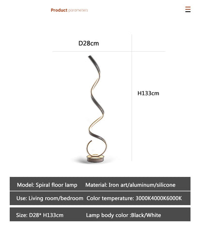 Modern Minimalist Aluminum Alloy Spiral Led Floor Lamp Study Bedroom Bedside Reading Light Living Room Sofa Lighting Decoration