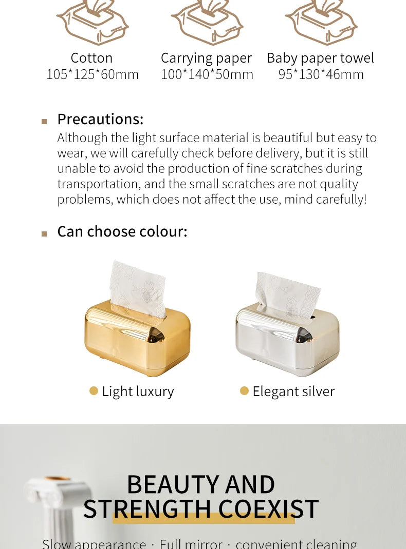 Light Luxury Golden Tissue Box Wipe Case Boxed Tissue Office and Home Storage Box Living Room Desktop Decoration Tissue Box Gift