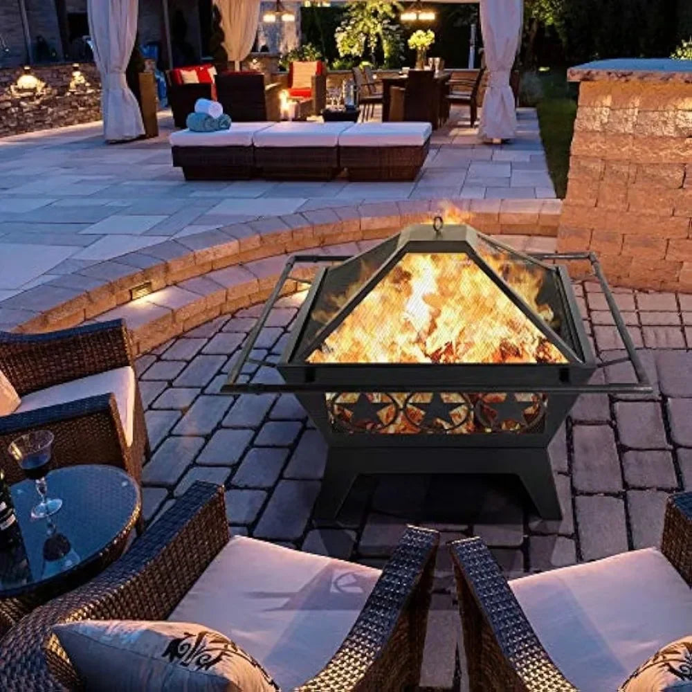 XMSJ Fire Pit，Outside Outdoor Fireplace Large Square Wood Burning Fire Pit Heavy Duty for Patio BBQ Camping Bonfire，32in Fire Pi