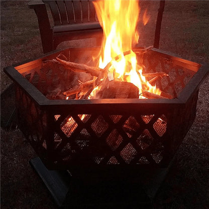 Easyfashion Heavy Duty Metal Fire Pit Hexagon Stove with Poker for Outdoor, Black