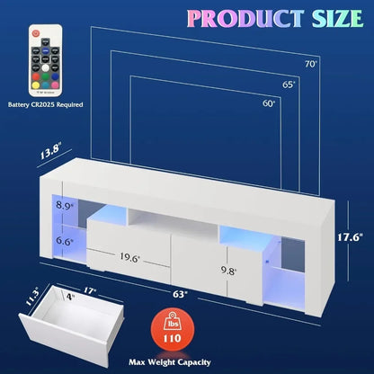 LED TV Stand, Modern Entertainment Center with Open Shelves, with 2 Bedroom Storage Drawers, Wooden TV Cabinet