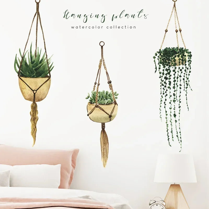 Three Hanging Plants Wall Basket Potted Tropical Succulent Plants Living Room Bedroom Wall Kitchen Decor Decals Home Decoration