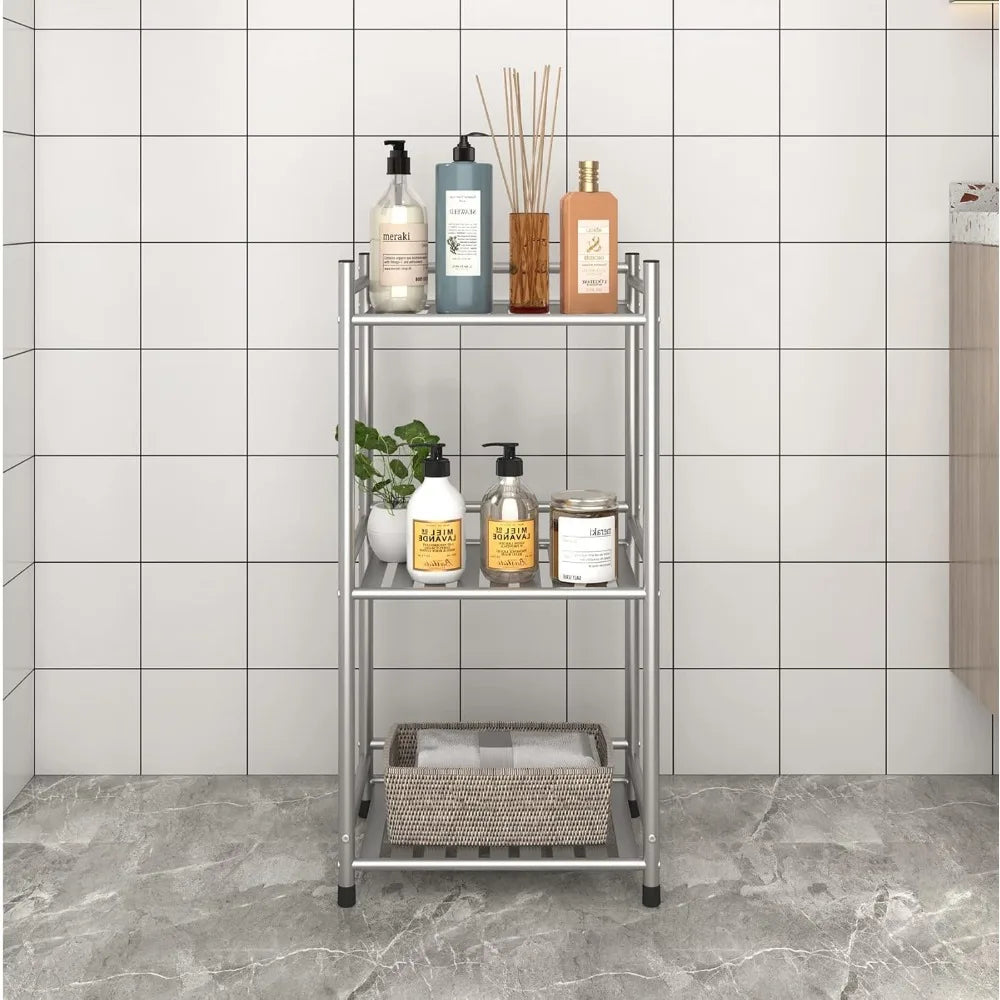 3 Tier Bathroom Storage Open Shelf Unit, Free-Standing Metal Corner Rack Shelving for Kitchen, Living Room, Hallway (Bright Gray