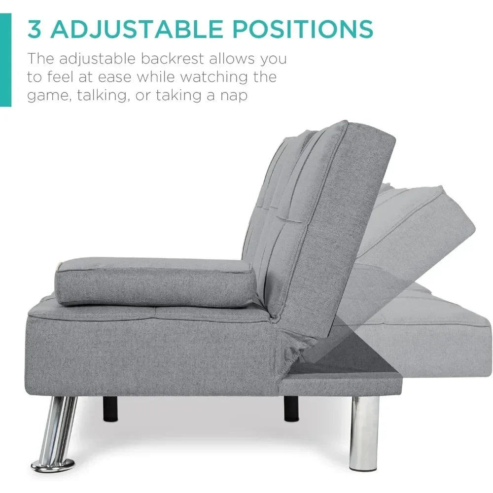 Living Room Sofas, Reclining Sofa Bed for Apartment, Dorm W/Removable Armrests, 2 Cupholders LinenModern Folding FutonSofas