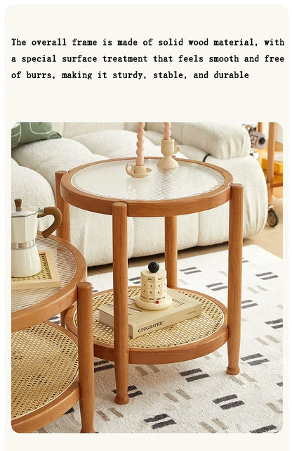 Solid Wood Rattan Woven Coffee Table Living Room Sofa Side Table Japanese Round Glass Table Mobile Storage Ddesk Home Furniture