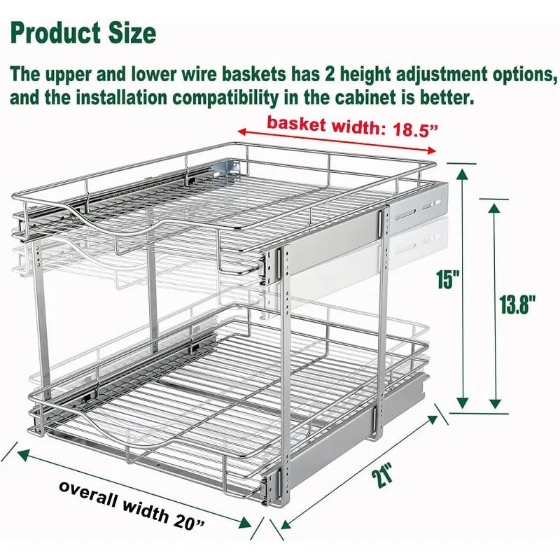 Pull Out Cabinet Organizer, Cabinet Pull Out Shelves, 2 Tier Pull Out Drawers for Kitchen Cabinets,