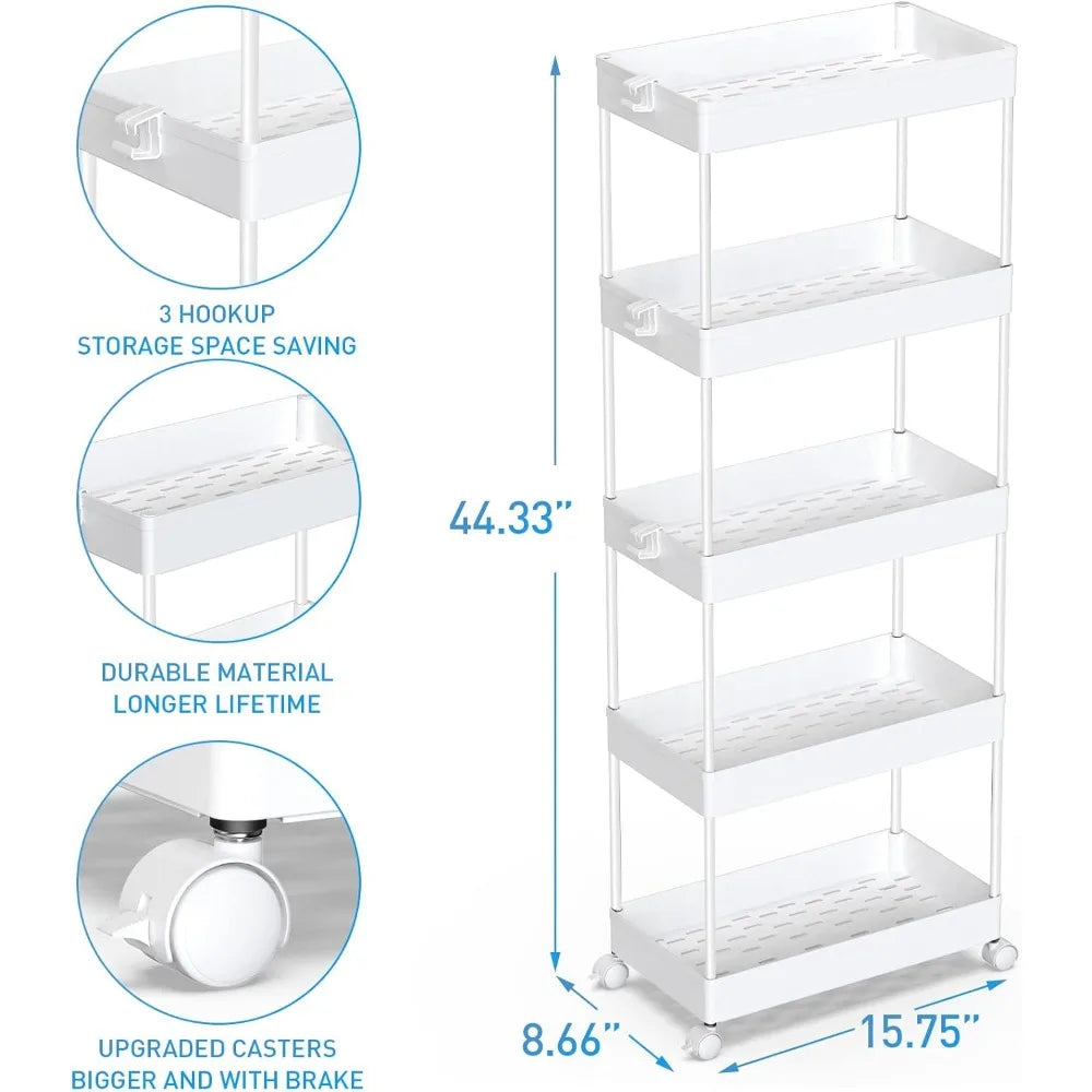 5-Tier Storage Cart Organizer Rolling Utility Cart, Mobile Shelving Unit Slide Out Storage Shelves for Kitchen Living  Room
