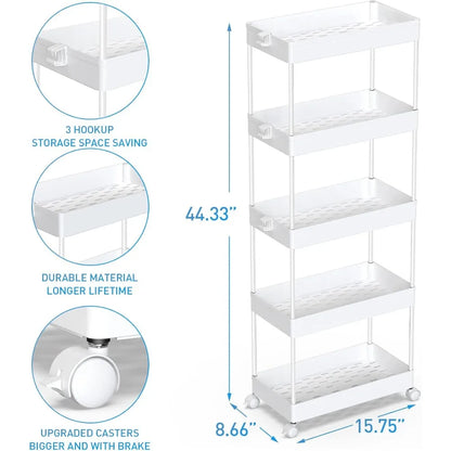 5-Tier Storage Cart Organizer Rolling Utility Cart, Mobile Shelving Unit Slide Out Storage Shelves for Kitchen Living  Room
