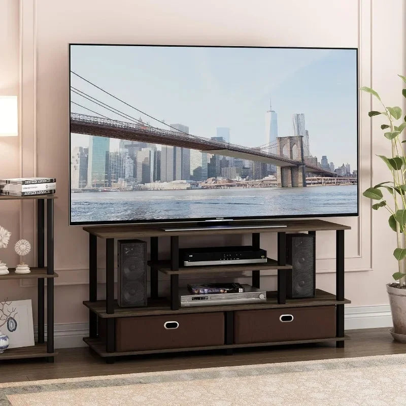 Furinno JAYA Large Stand for Up To 50-Inch TV, Columbia Walnut/Black/Dark Brown Tv Stand Living Room Furniture