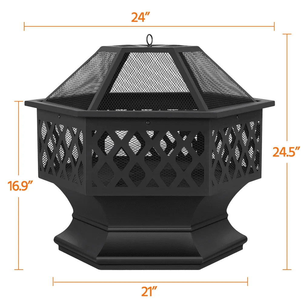 Easyfashion Heavy Duty Metal Fire Pit Hexagon Stove with Poker for Outdoor, Black
