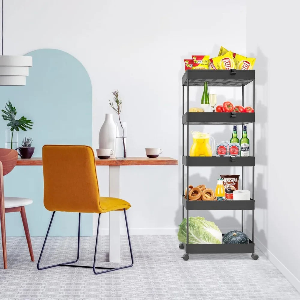 5-Tier Storage Cart Organizer Rolling Utility Cart, Mobile Shelving Unit Slide Out Storage Shelves for Kitchen Living  Room