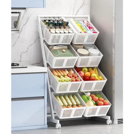 Kitchen Storage Baskets Organizer Rolling Cart, 4 Tier White Fruit Vegetable Standing Rack with Baskets