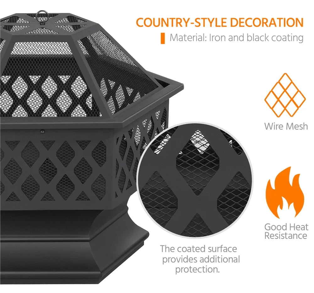 Easyfashion Heavy Duty Metal Fire Pit Hexagon Stove with Poker for Outdoor, Black