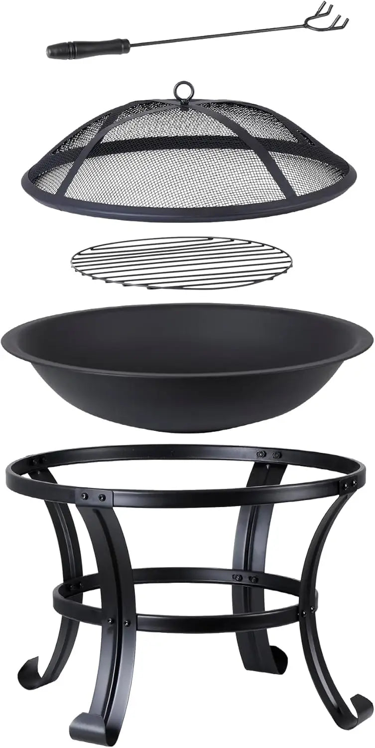 22Inches Fire Pit Outdoor Steel Wood Burning BBQ Grill Firepit Bowl Fireplace with Mesh Screen & Fire Poker, Log Grate