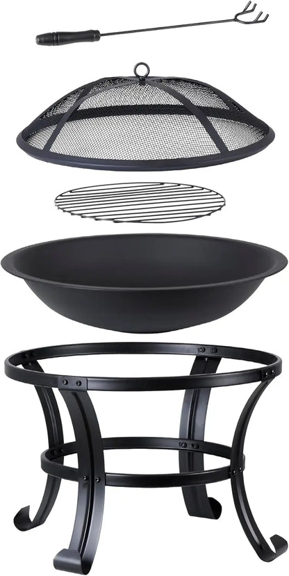 22Inches Fire Pit Outdoor Steel Wood Burning BBQ Grill Firepit Bowl Fireplace with Mesh Screen & Fire Poker, Log Grate