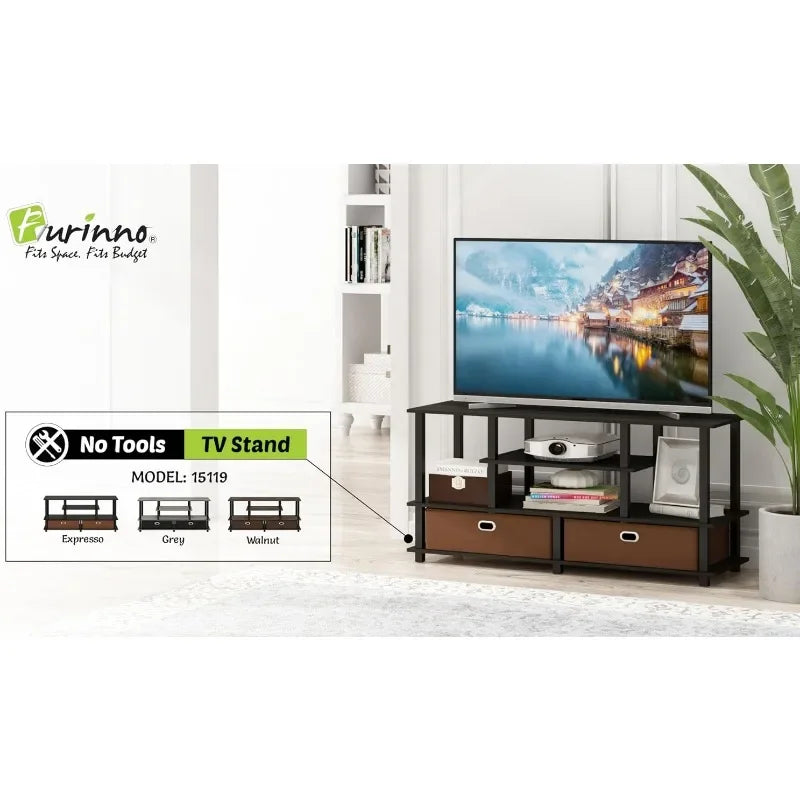 Furinno JAYA Large Stand for Up To 50-Inch TV, Columbia Walnut/Black/Dark Brown Tv Stand Living Room Furniture