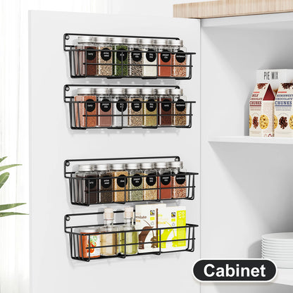 4pcs Kitchen Spice Organizers Storage Wall Mount Hanging Pantry Shelf Multilayer Seasoning Rack for Cabinet Black Metal Basket