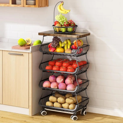 Fruit Basket for Kitchen with Wood Top 5 Tier, Stackable Fruit and Vegetable Storage Cart, Wire Storage Basket with Wheels,