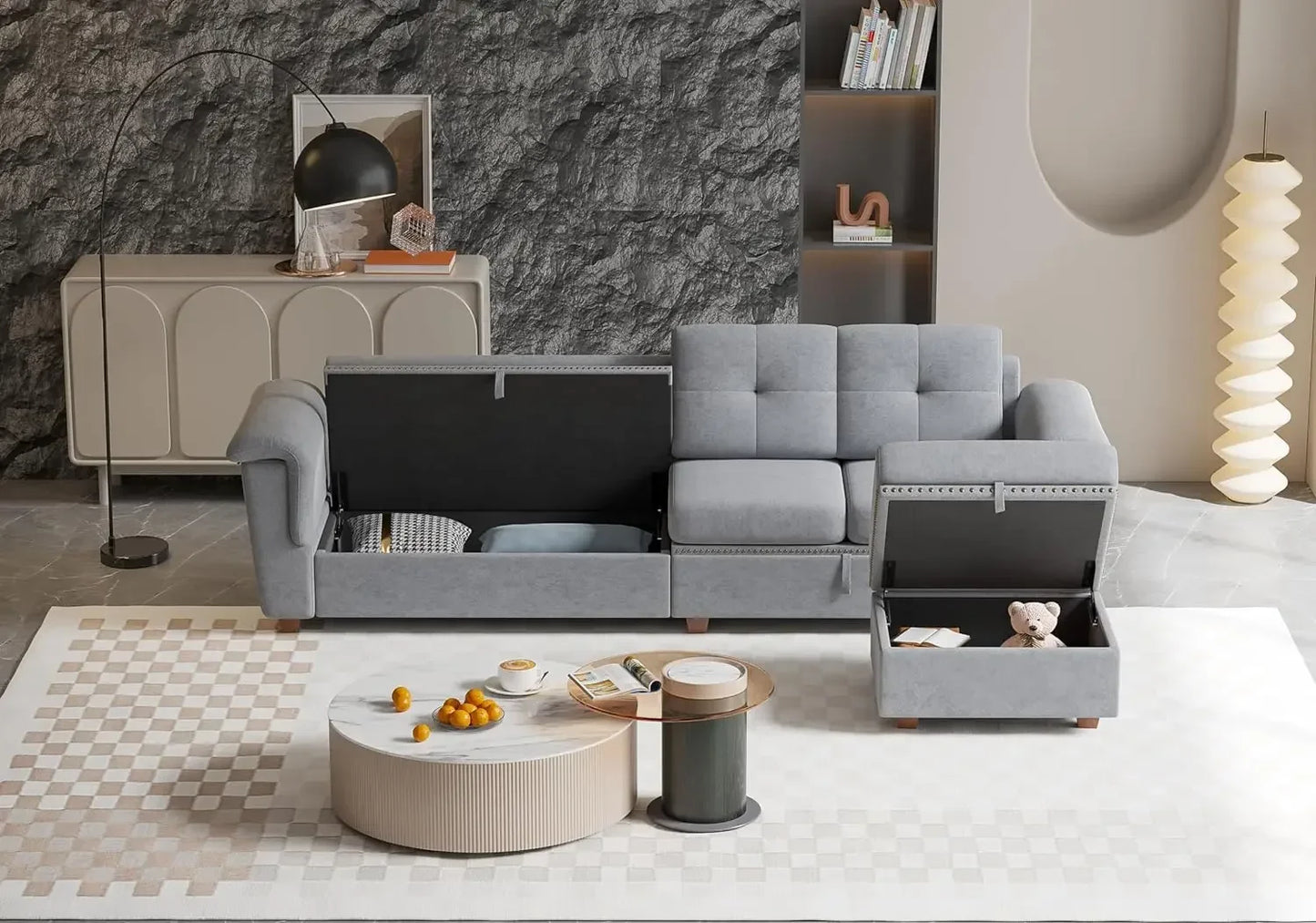 Convertible Sectional Sofa with Storage, 4 Seat L Shaped Couch with Chaise and Cup Holder Fabric Sofas Couches for Living Room