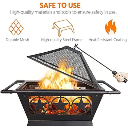 XMSJ Fire Pit，Outside Outdoor Fireplace Large Square Wood Burning Fire Pit Heavy Duty for Patio BBQ Camping Bonfire，32in Fire Pi