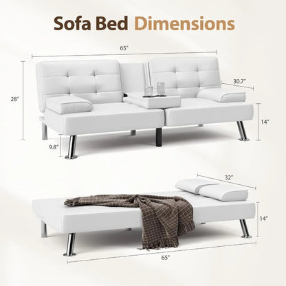 Convertible Folding Futon Sofa Bed Sleeper Couch for Living Room Faux Leather Upholstered Loveseat w/Removable Armrests, White