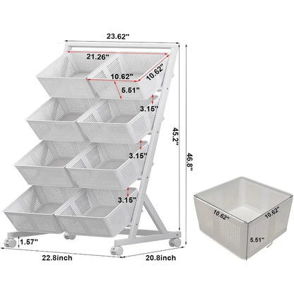 Kitchen Storage Baskets Organizer Rolling Cart, 4 Tier White Fruit Vegetable Standing Rack with Baskets
