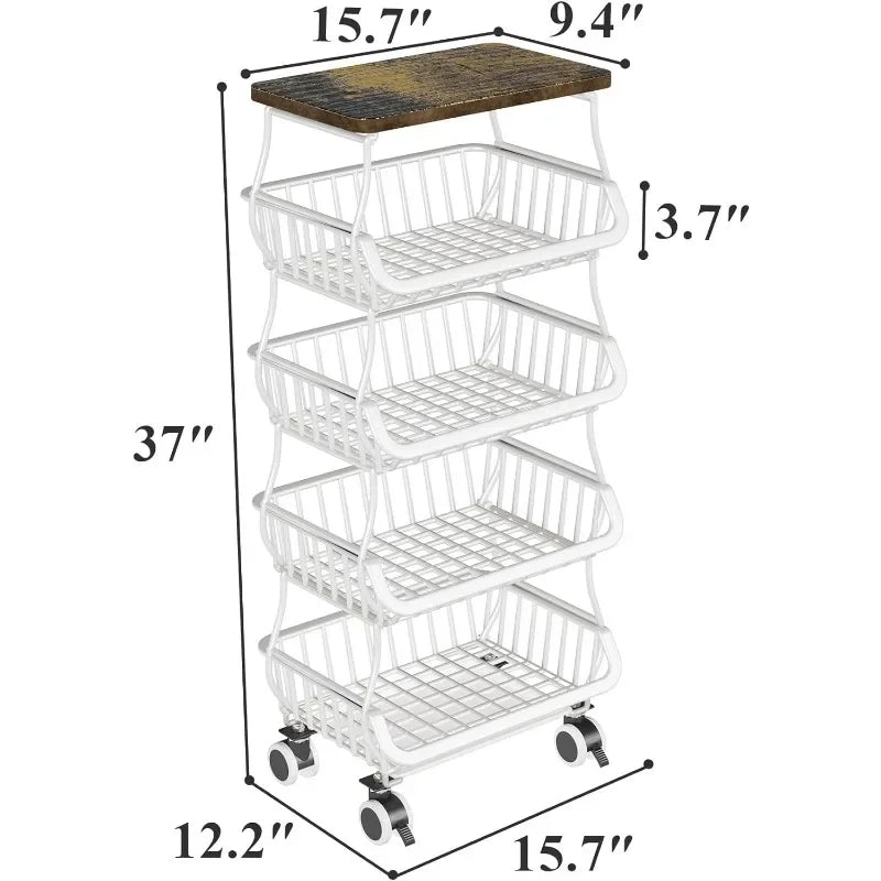 Fruit Basket for Kitchen with Wood Top 5 Tier, Stackable Fruit and Vegetable Storage Cart, Wire Storage Basket with Wheels,