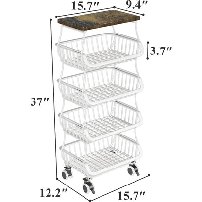 Fruit Basket for Kitchen with Wood Top 5 Tier, Stackable Fruit and Vegetable Storage Cart, Wire Storage Basket with Wheels,