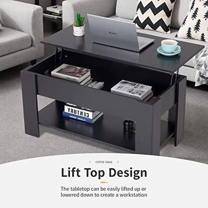 Modern Lift Top Coffee Table Hidden Compartment Storage Shelf Wooden Living Room Office P2 MDF 39"x28"x24" Black