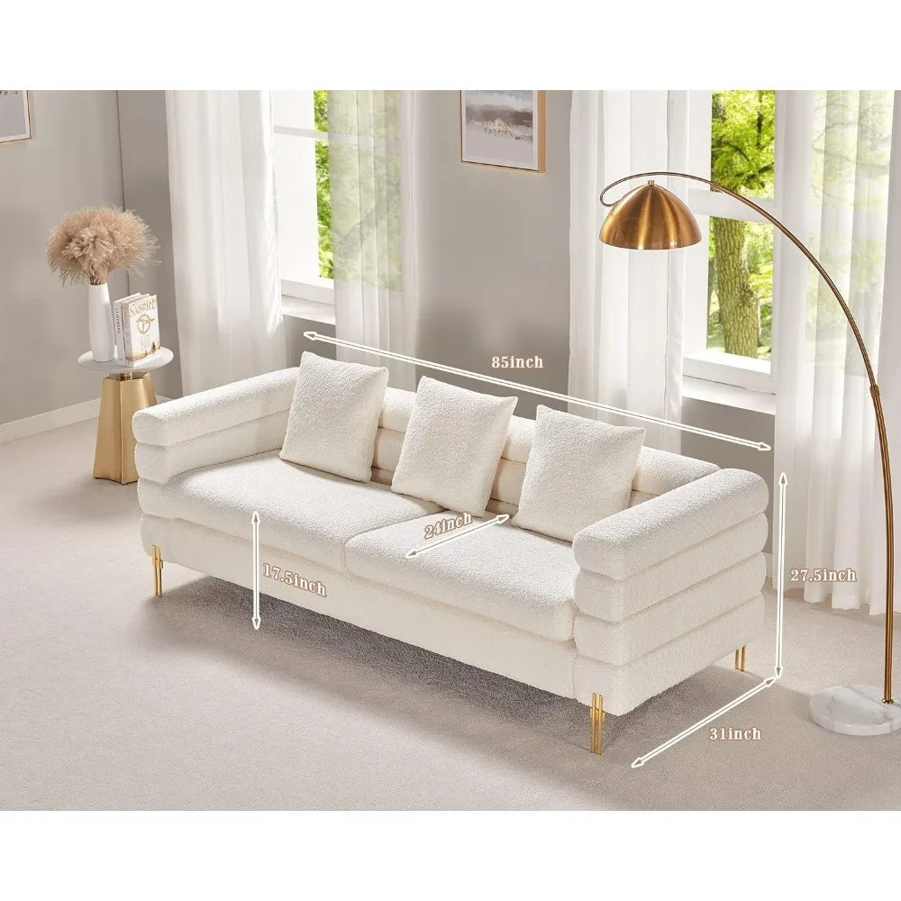 85 Inch Sofa, Oversized Sofa, 3 Seats Comfy Couch for Living Room, Deep Seat Sofa with Sturdy Wood Frame, Bouclé Couch, White