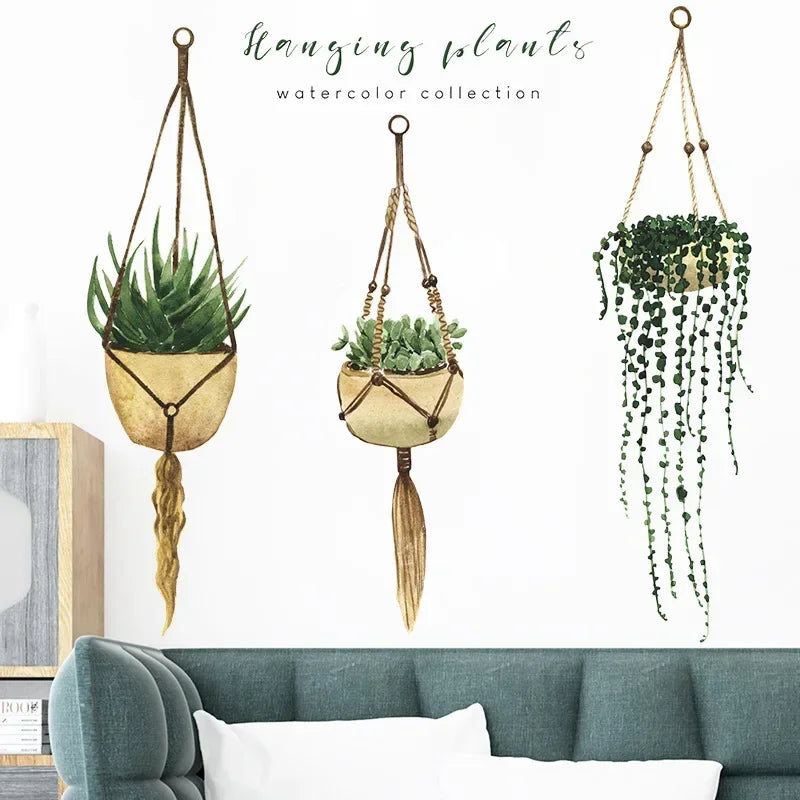Three Hanging Plants Wall Basket Potted Tropical Succulent Plants Living Room Bedroom Wall Kitchen Decor Decals Home Decoration