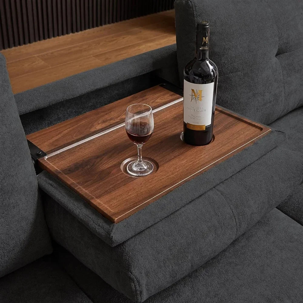 Convertible Sectional Sofa with Storage, 4 Seat L Shaped Couch with Chaise and Cup Holder Fabric Sofas Couches for Living Room