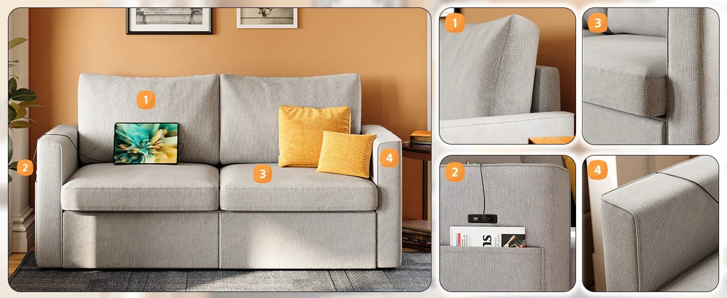 Loveseat Sofa with Drawer & Charging Port,Couches for Living Room with Track Armrest, Double Sofa for Bedroom, Grey