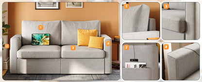 Loveseat Sofa with Drawer & Charging Port,Couches for Living Room with Track Armrest, Double Sofa for Bedroom, Grey