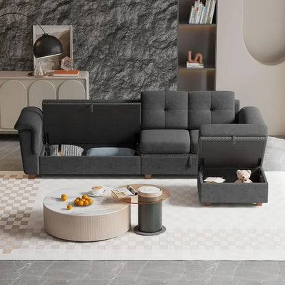 Convertible Sectional Sofa with Storage, 4 Seat L Shaped Couch with Chaise and Cup Holder Fabric Sofas Couches for Living Room
