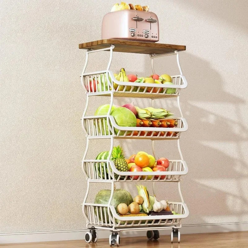 Fruit Basket for Kitchen with Wood Top 5 Tier, Stackable Fruit and Vegetable Storage Cart, Wire Storage Basket with Wheels,