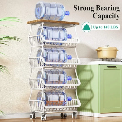 Fruit Basket for Kitchen with Wood Top 5 Tier, Stackable Fruit and Vegetable Storage Cart, Wire Storage Basket with Wheels,