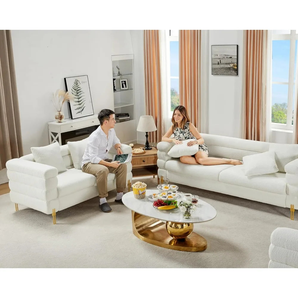 85 Inch Sofa, Oversized Sofa, 3 Seats Comfy Couch for Living Room, Deep Seat Sofa with Sturdy Wood Frame, Bouclé Couch, White