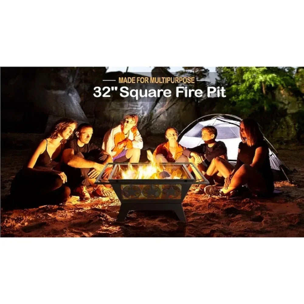 XMSJ Fire Pit，Outside Outdoor Fireplace Large Square Wood Burning Fire Pit Heavy Duty for Patio BBQ Camping Bonfire，32in Fire Pi
