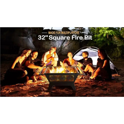 XMSJ Fire Pit，Outside Outdoor Fireplace Large Square Wood Burning Fire Pit Heavy Duty for Patio BBQ Camping Bonfire，32in Fire Pi