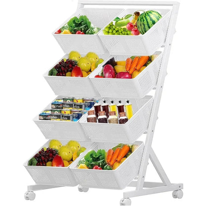 Kitchen Storage Baskets Organizer Rolling Cart, 4 Tier White Fruit Vegetable Standing Rack with Baskets