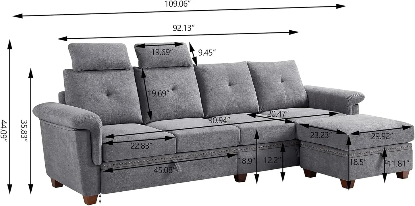 Convertible Sectional Sofa with Storage, 4 Seat L Shaped Couch with Chaise and Cup Holder Fabric Sofas Couches for Living Room
