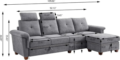 Convertible Sectional Sofa with Storage, 4 Seat L Shaped Couch with Chaise and Cup Holder Fabric Sofas Couches for Living Room