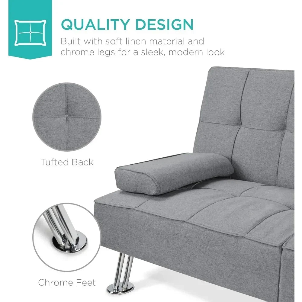 Living Room Sofas, Reclining Sofa Bed for Apartment, Dorm W/Removable Armrests, 2 Cupholders LinenModern Folding FutonSofas