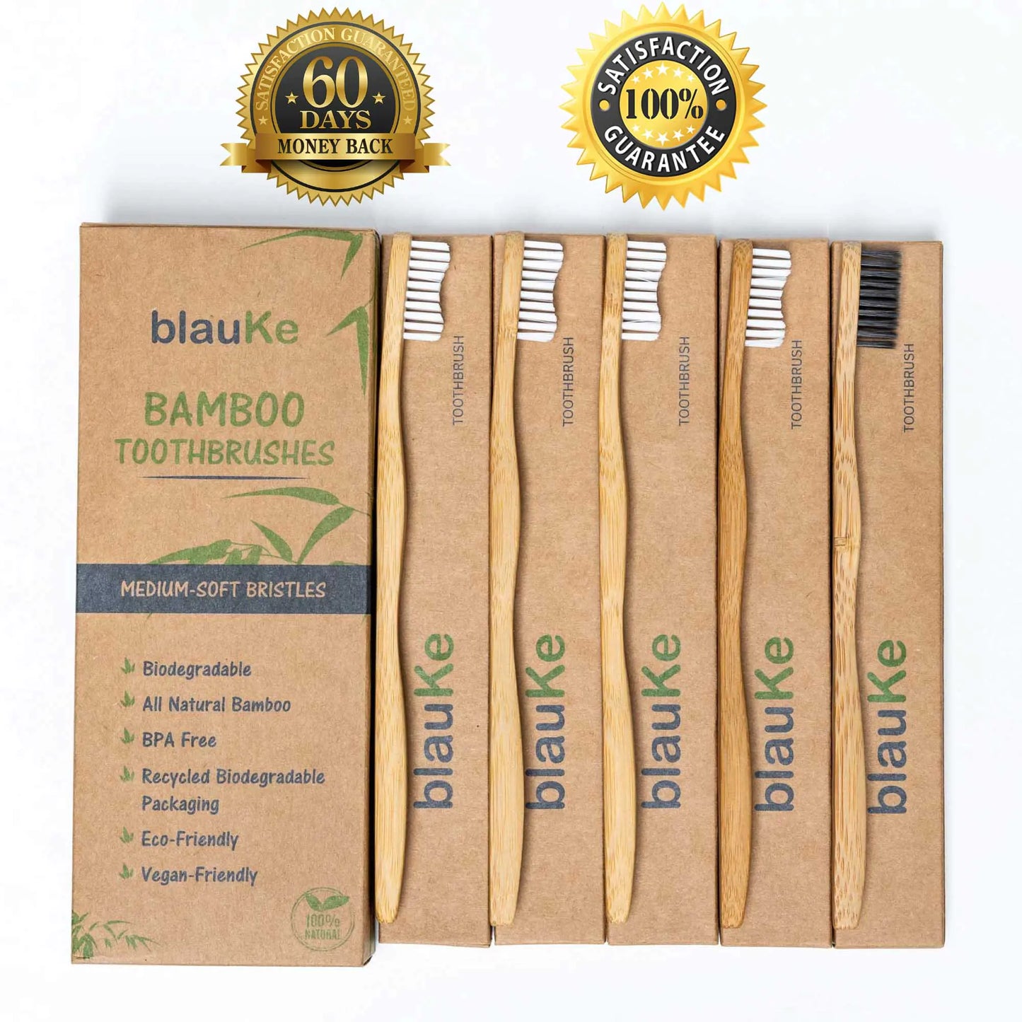 Bamboo Toothbrush Set 5-Pack - Bamboo Toothbrushes with Medium Bristles for Adults - Eco-Friendly, Biodegradable, Natural Wooden Toothbrushes