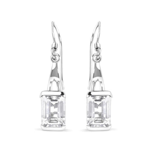 Sterling Silver 3.0 Cttw Emerald Cut White Topaz Solitaire Dangle Earring - AAA Quality