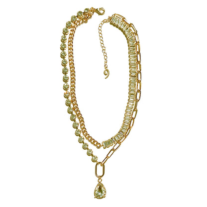 Mis-Match Layer Statement Necklace with Crystal Glass Drop, Gold Plated, 16" Top Row