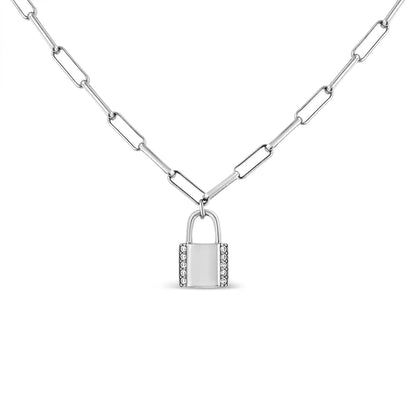 .925 Sterling Silver 1/10 Cttw Round Diamond Lock Pendant Paperclip Chin Necklace (H-I Color, SI1-SI2 Clarity)